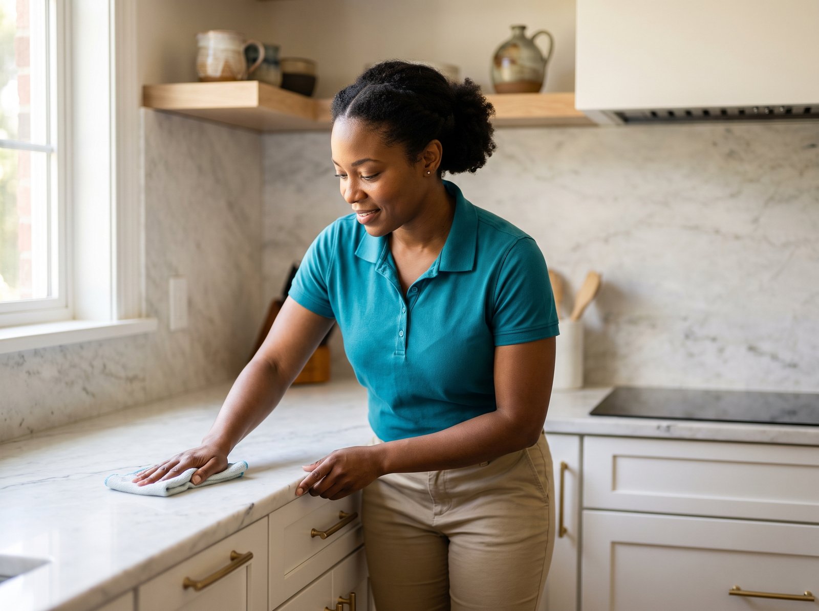A spotless, sunlit kitchen after a fresh cleaning
